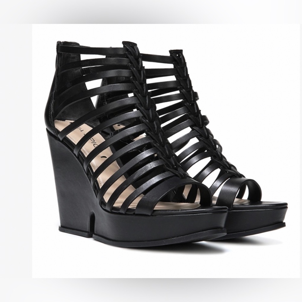 Via Spiga Black Walena Strappy Leather Platform Wedge Sandals SZ 11US Pre-Loved